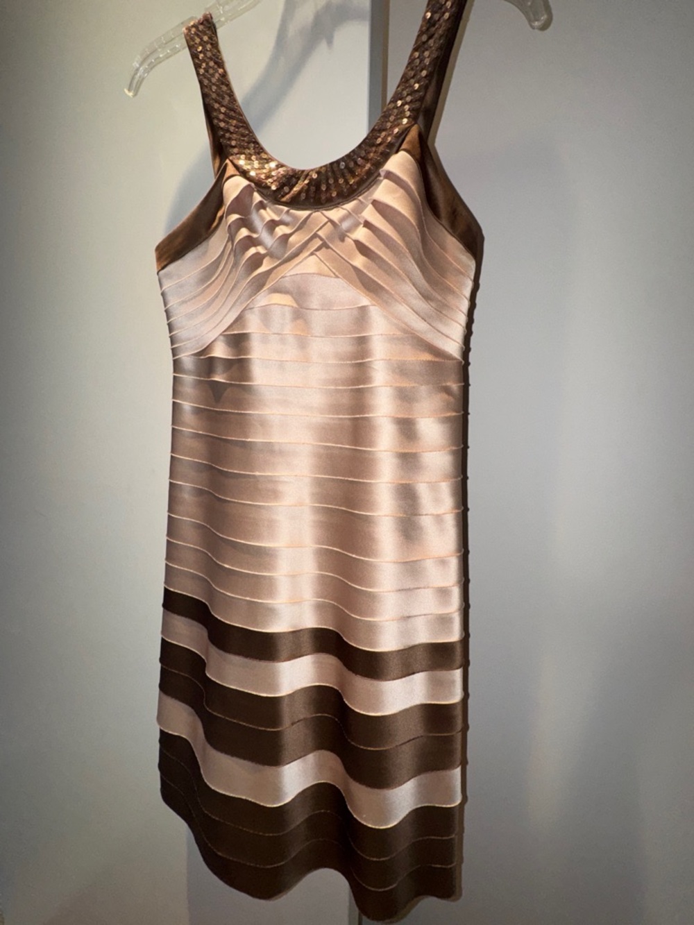 BCBGMaxAzria Satin Band Tank Dress in a Champagne pink and brown